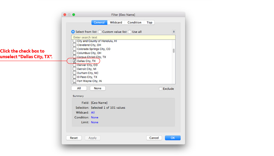 Screenshot to unselect Dallas from list of geo types