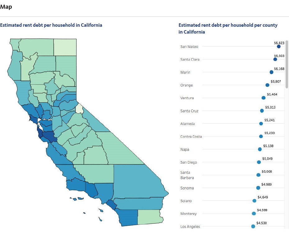 Shaded map of California counties showing rent debt per household comparison